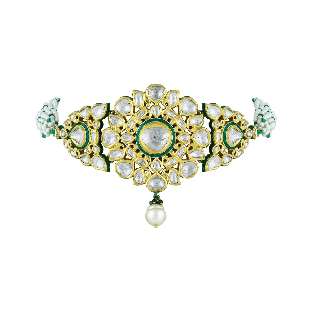 Floral Polki Choker with Green Enamel & Pearl Strands